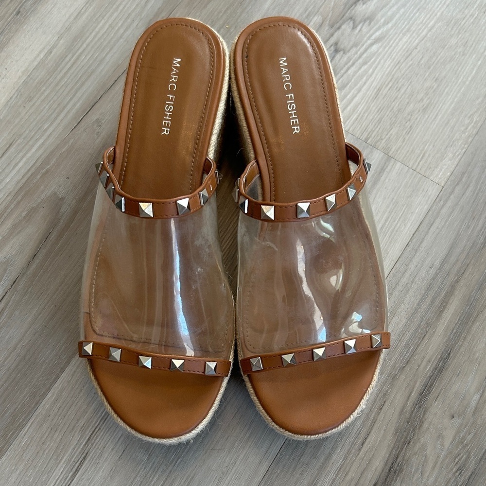 Marc Fisher Tan and Clear Studded Espadrilles